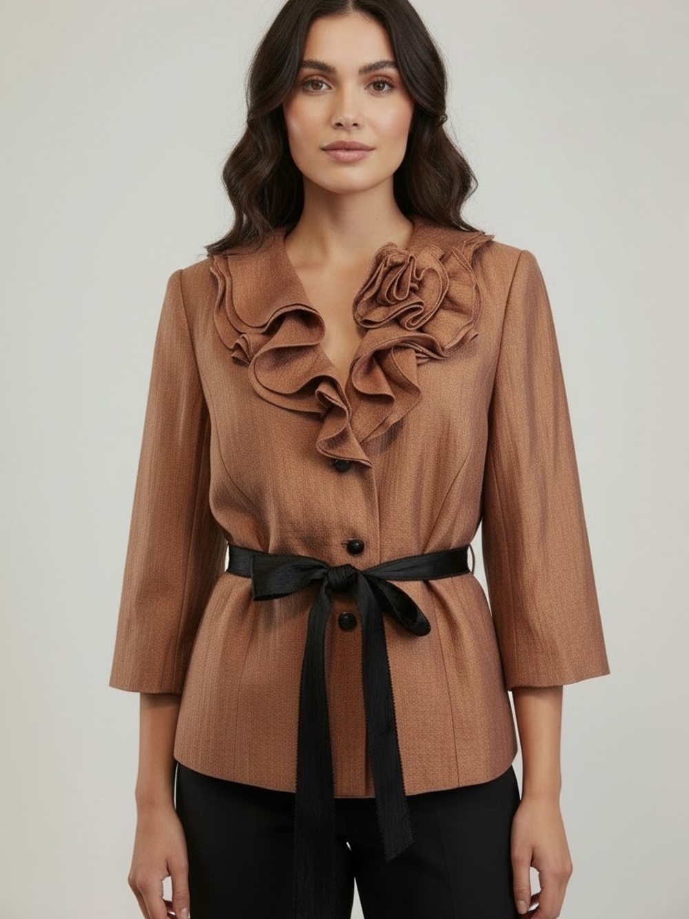 NWT Adrianna Papell Shimmer Rose Gold Evening Blazer Ruffle Neck Sash Size 18W